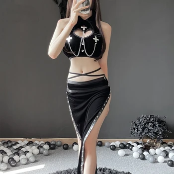 Sexy Klasická Cheongsam Vintage Punk Bielizeň Tmavé Sestry Jednotné Velvet Tielko Sukne Coslay Oblečenie Sex Nastaviť Diabol Dievča