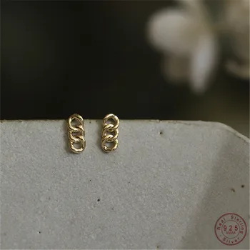 925 Rýdze Striebro, 14 karátové Zlato Plátované Tri Malý Kruh Imitácia Reťazca Náušnice Ženy Retro Jednoduché IN Korean Ucho Šperky