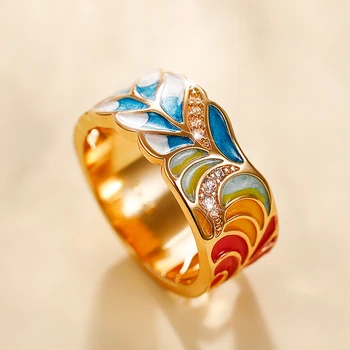Huitan Ručné Smalt Krúžok pre Ženy Farebné Pierko Vzor Zlatá Farba Cubic Zirconia Krúžok Romantické Svadobné Svadobné Šperky