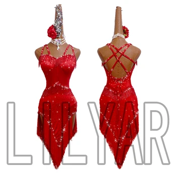 Nové latinské tanečné šaty súťaže šaty šaty šaty výkon Šaty Dospelých vlastné deti je červený strapec Sexy Tanec Šaty