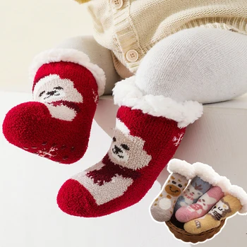 Vianočné Baby Ponožky pre Dievčatá Chlapci Teplé Fleece Zimné Novorodenca Ponožky Proti Sklzu Cartoon Poschodí Ponožky pre Dieťa Batoľa Detský Darček