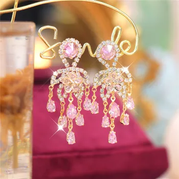 Nový Návrhár Zirkón Ružový Ťažký Priemysel Módne Náušnice Svetlo Luxusný Premium Strapec Jednoduché Náušnice Ženy Elegantné Šperky Darček